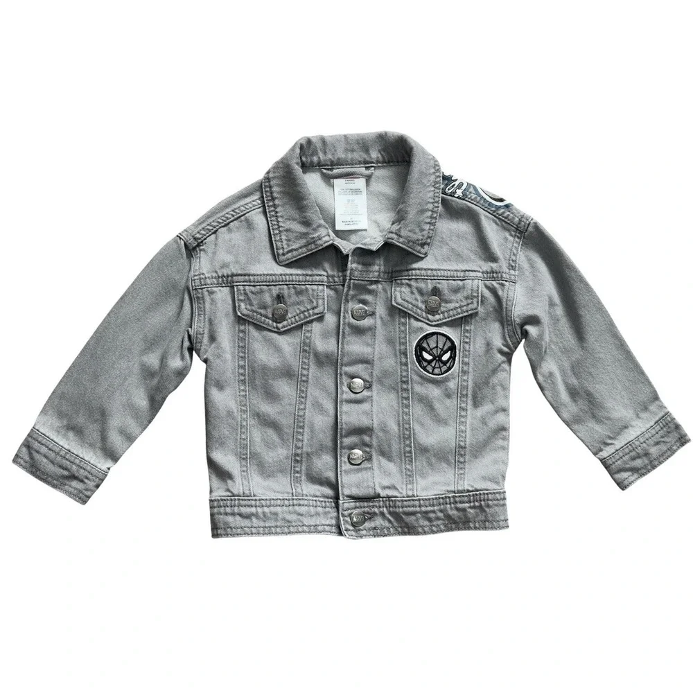 Marvel Spider-man Gray Denim Jacket Toddler Sz 3T Snap Closure With Pockets